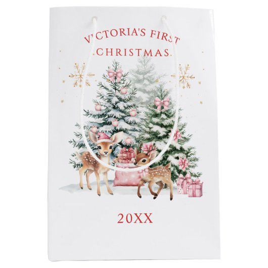 Baby 1st Christmas Pine Tree Fawn Santa Gift Bag ミディアムペーパーバッグ (正面)