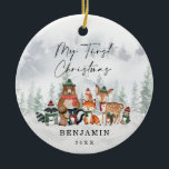 Baby 1st First Christmas Snowy Winter Woodland セラミックオーナメント<br><div class="desc">This adorable Chrismas ornament features a group of cute woodland animals and frosty forest landscape in elegantly muted holiday colors</div>
