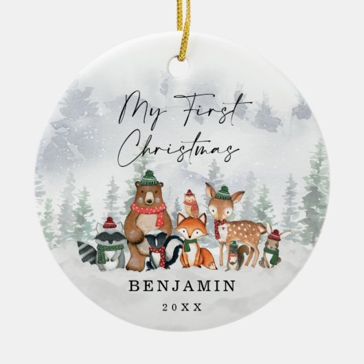 Baby 1st First Christmas Snowy Winter Woodland セラミックオーナメント (正面)