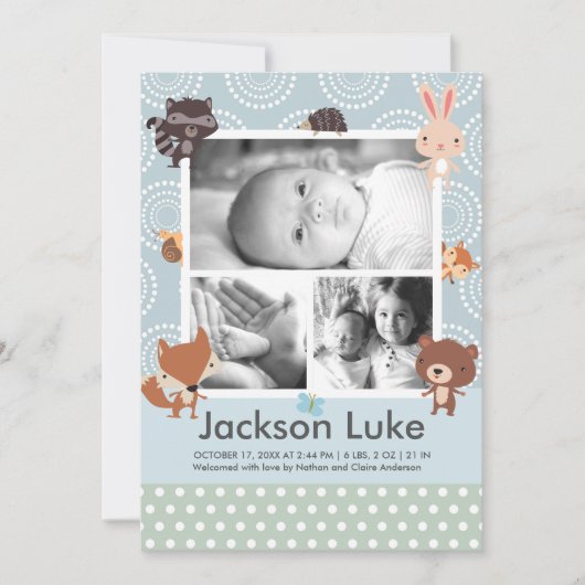 Baby Animal Boy Photo Birth Announcements 案内状 (正面)