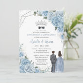 Baby Baby Blue Floral Twins Boy Girl Quinceañera 招待状 (スタンド正面)
