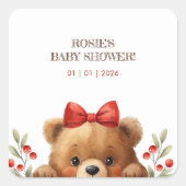 Baby Bear And Rowan Berries Baby Shower スクエアシール (正面)