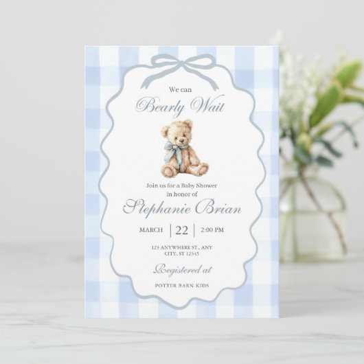 Baby Bear Baby Shower Invitation Editable Pale Blu 招待状 (スタンド正面)
