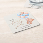 Baby Bear, Blue Balloons, First Birthday スクエアペーパーコースター (アングル)