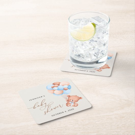 Baby Bear, Teddy Bear, Blue Balloons, Baby Shower スクエアペーパーコースター (インサイチュ)