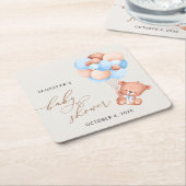 Baby Bear, Teddy Bear, Blue Balloons, Baby Shower スクエアペーパーコースター (アングル)