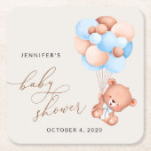 Baby Bear, Teddy Bear, Blue Balloons, Baby Shower スクエアペーパーコースター (正面)