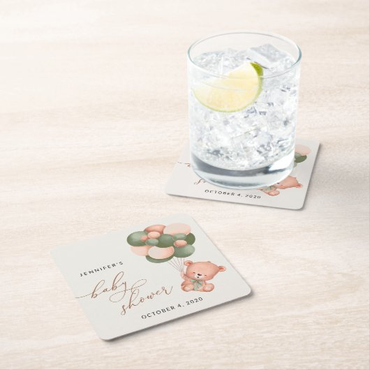 Baby Bear, Teddy Bear, Green Balloons, Baby Shower スクエアペーパーコースター (インサイチュ)