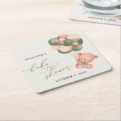 Baby Bear, Teddy Bear, Green Balloons, Baby Shower スクエアペーパーコースター (アングル)