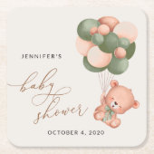 Baby Bear, Teddy Bear, Green Balloons, Baby Shower スクエアペーパーコースター (正面)