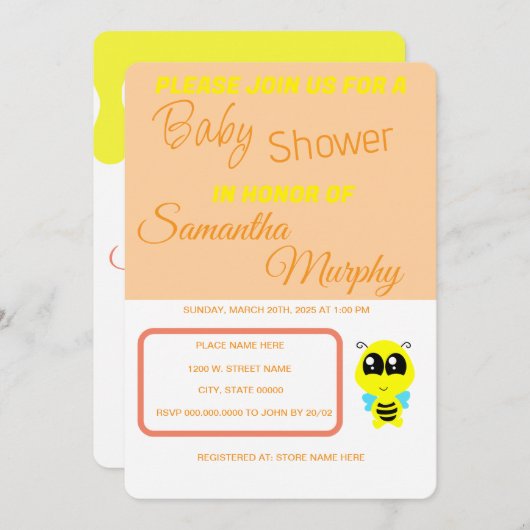Baby Bee | Invitación de Baby Shower 招待状 (正面/裏面)