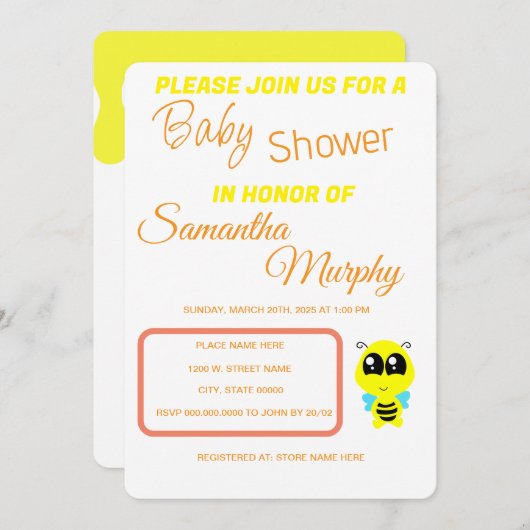 Baby Bee | Invitación de Baby Shower 招待状 (正面/裏面)