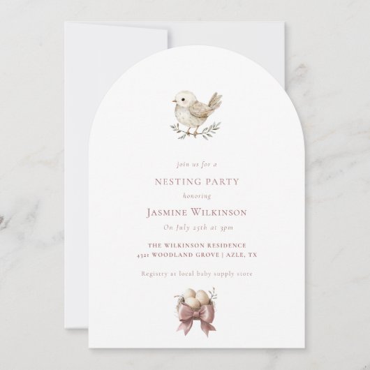 Baby bird watercolor minimal NESTING PARTY 招待状 (正面)