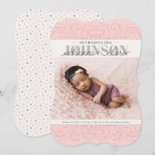 Baby Birth Announcement Card, pink green elegant シーズンカード (正面/裏面)