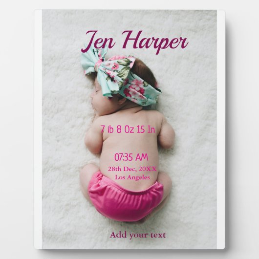 Baby birth stats add name place date keepsake memo フォトプラーク (正面)