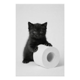 Baby Black Kitten Guarding Toilet Paper Roll On ポスター