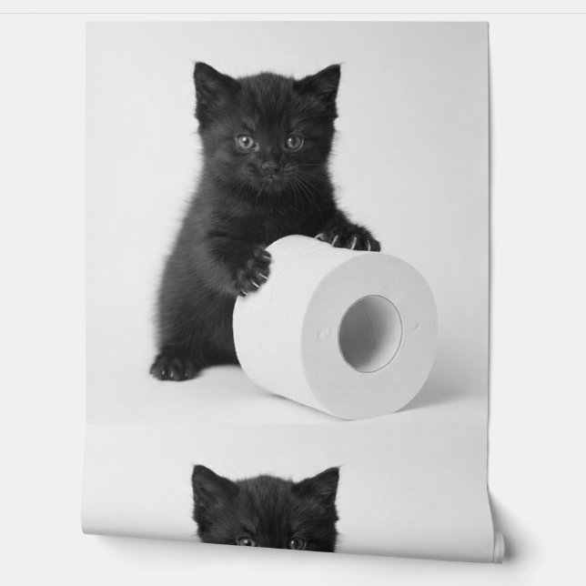 Baby Black Kitten Guarding Toilet Paper Roll On 壁紙 (ほどく)