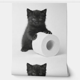 Baby Black Kitten Guarding Toilet Paper Roll On 壁紙