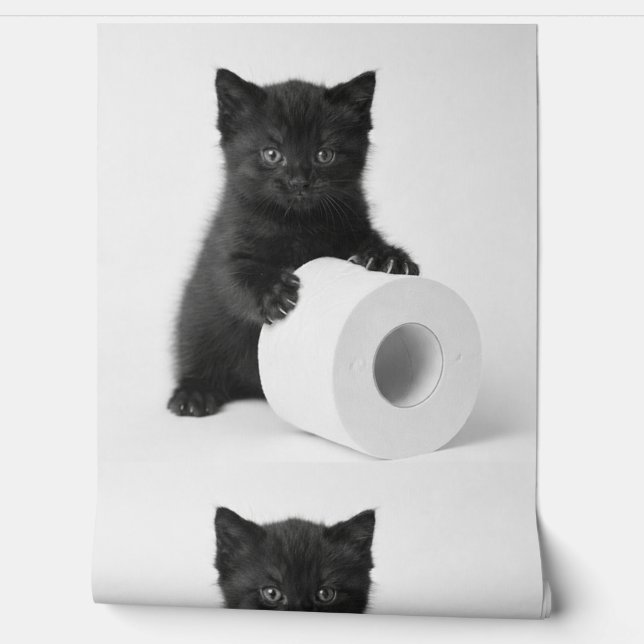 Baby Black Kitten Guarding Toilet Paper Roll On 壁紙 (ほどく)