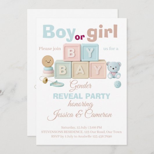 Baby Blocks Gender Reveal  招待状 (正面/裏面)