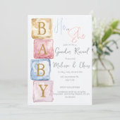 Baby Blocks Gender Reveal He or She baby shower 招待状 (スタンド正面)