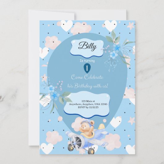 Baby Blue 1st Birthday invitation  招待状 (正面)