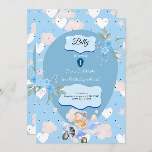 Baby Blue 1st Birthday invitation  招待状 (正面/裏面)