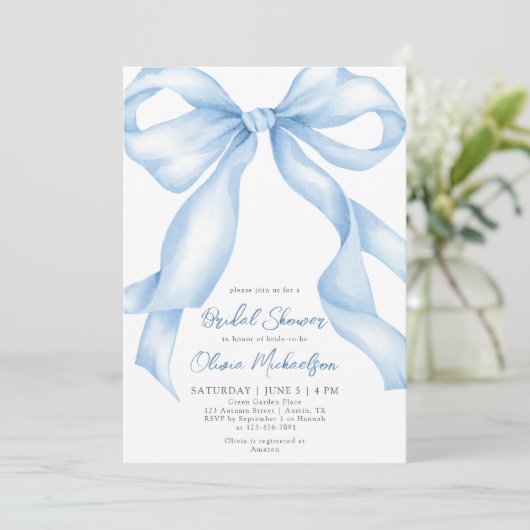 Baby Blue Bow Coquette Ribbon Bridal Shower 招待状 (スタンド正面)