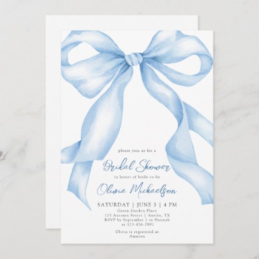 Baby Blue Bow Coquette Ribbon Bridal Shower 招待状 (正面/裏面)