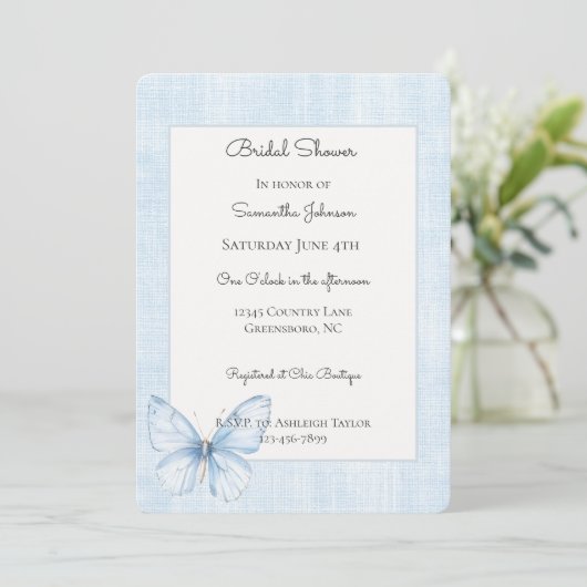 Baby Blue Butterfly Faux Linen Bridal Shower 招待状 (スタンド正面)