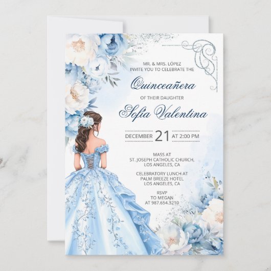 Baby Blue Cinderella Quinceañera Invitation 招待状 (正面)