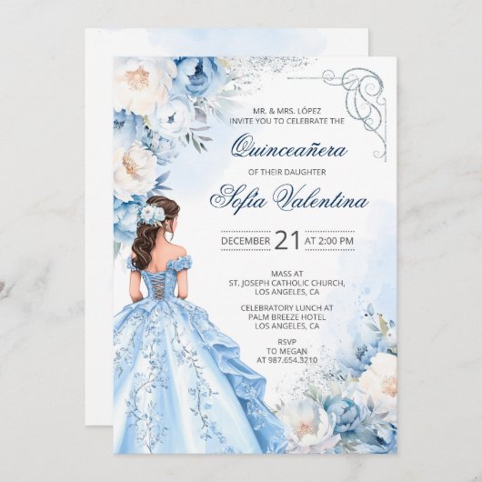 Baby Blue Cinderella Quinceañera Invitation 招待状 (正面/裏面)