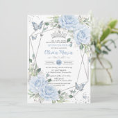Baby Blue Floral Butterflies Silver Quinceanera 招待状 (スタンド正面)
