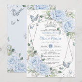 Baby Blue Floral Butterflies Silver Quinceanera 招待状 (正面/裏面)