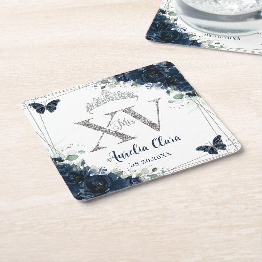 Baby Blue Floral Butterflies Silver Quinceañera XV スクエアペーパーコースター (アングル)