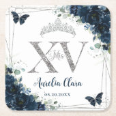 Baby Blue Floral Butterflies Silver Quinceañera XV スクエアペーパーコースター (正面)