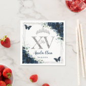 Baby Blue Floral Butterflies Silver Quinceañera XV スタンダードカクテルナプキン (インサイチュ)