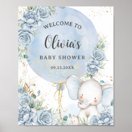Baby Blue Floral Elephant Boy Baby Shower ポスター