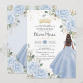 Baby Blue Floral Princess Gown Quinceañera Quince 招待状 (正面/裏面)
