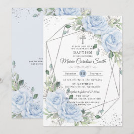 Baby Blue Floral Silver Baptism Christening  招待状