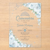 Baby Blue Floral Watercolor Roses Quinceanera アクリル招待状 (正面)