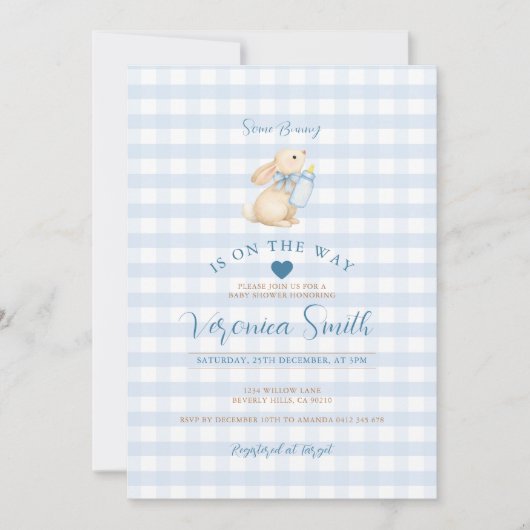 Baby Blue Gingham Bunny Baby Shower Invitation 招待状 (正面)
