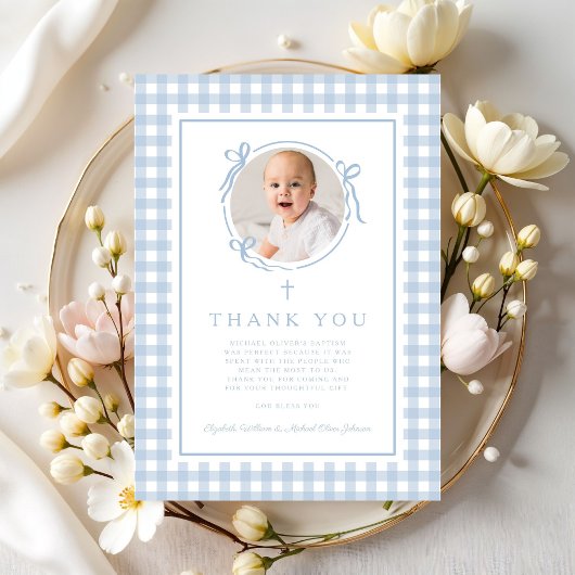Baby Blue Gingham Photo Boy Baptism サンキューカード