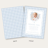 Baby Blue Gingham Photo Boy Baptism サンキューカード