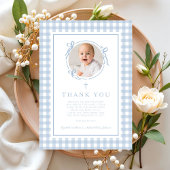 Baby Blue Gingham Photo Boy Baptism サンキューカード