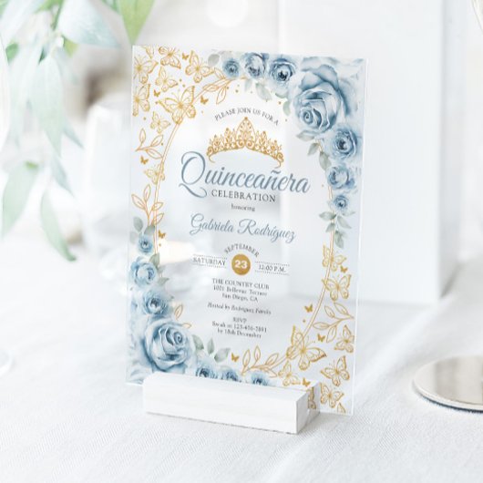 Baby Blue Gold Floral Quinceanera アクリル招待状