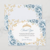 Baby Blue Gold Floral Quinceanera サンキューカード (正面/裏面)