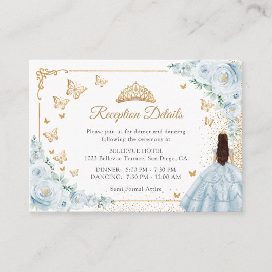 Baby Blue Gold Quinceanera Reception Details エンクロージャーカード (正面)