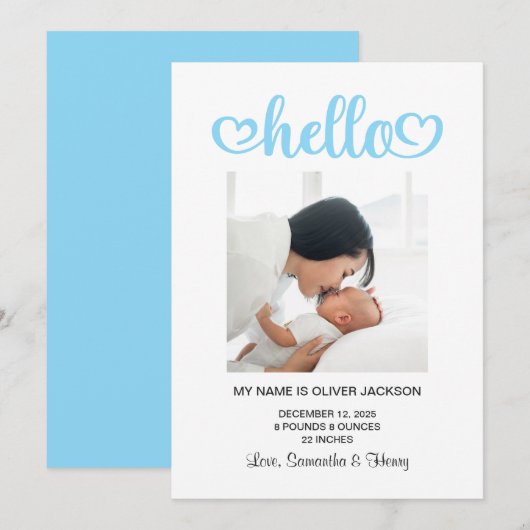 Baby Blue Hello Hearts Script Birth 案内状 (正面/裏面)