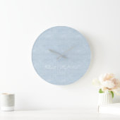 Baby blue Linen Fabric Full Name Date Nursery ラージ壁時計 (ホーム)
